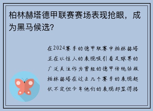 柏林赫塔德甲联赛赛场表现抢眼，成为黑马候选？